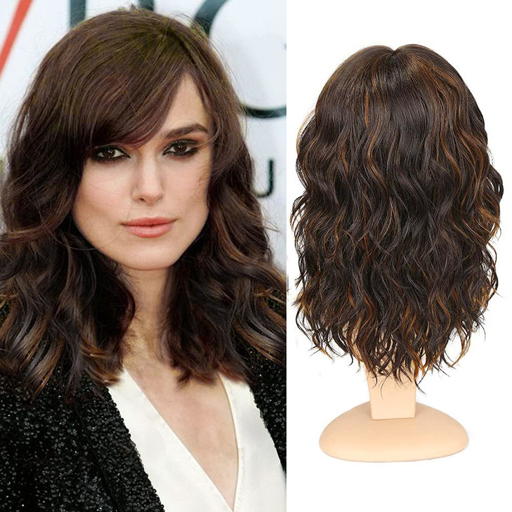 WIGNEE Natural Wave Wigs with Bangs Ombre Brown Curly Bob Wig for Black Women Mixed Brown Hightlights Wig for Women Shoulder Length Wavy Synthetic Wi