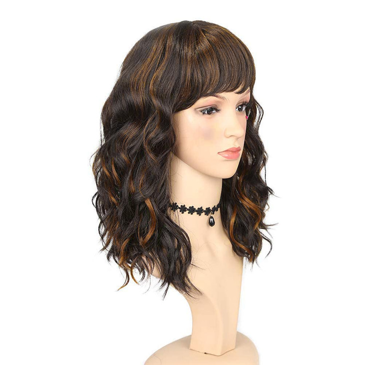 WIGNEE Natural Wave Wigs with Bangs Ombre Brown Curly Bob Wig for Black Women Mixed Brown Hightlights Wig for Women Shoulder Length Wavy Synthetic Wi