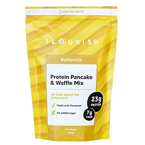 Flourish - Protein Pancake & Waffle Mix, Whey Protein Isolate & Flax Seed, Non-GMO, No Added Sugar, Superfood, High Protein & Fiber, Just Add Water -