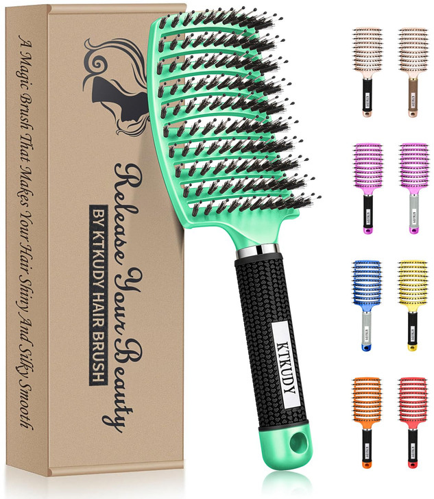 KTKUDY Detangling Brush Boar Bristles Hairbrush Make Hair Shiny & Healthier Curved and Vented Detangler Brush for Women Men Kids Wet & Dry Hair (Ligh