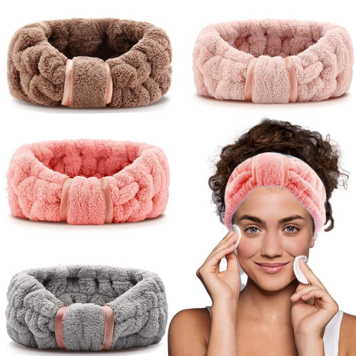 IAXSEE 4 Pack Microfiber Towel Headbands for Washing Face, Spa & Skincare for Women (Coffee, Flesh Pink, Grey, Bright Red)