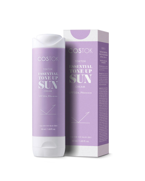 COSTOK TokTok Essential Tone-Up Sun Cream SPF 50+/PA++++ 50ml, UVA & UVB Protection Hypoallergenic Soothing Even Skin Tone Makeup Base Mineral Sunscr