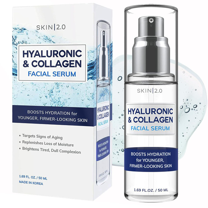 Skin 2.0 Hyaluronic Acid & Collagen Face Serum - Dermatologist Tested, Skin Tightening, Hydrating - Anti-Aging, Clean Beauty, Cruelty-Free Korean Ski