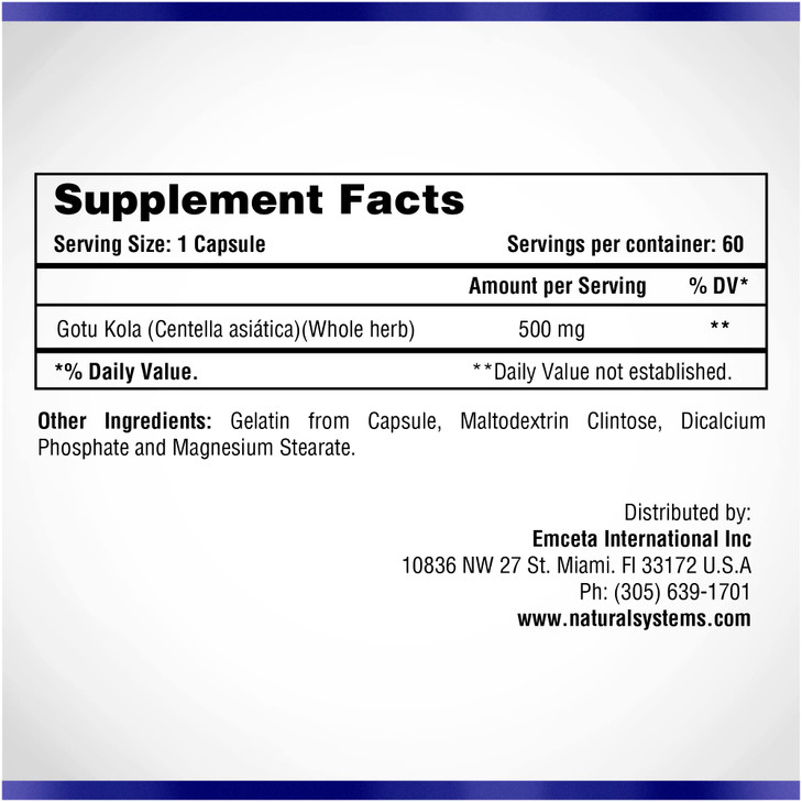 Centella Asiatica 500 mg 60 Capsules by Natural Systems - Gotu Kola Herb Moisturizer for Your Skin - Extract Also Beneficial for Calming Mind Tiredne