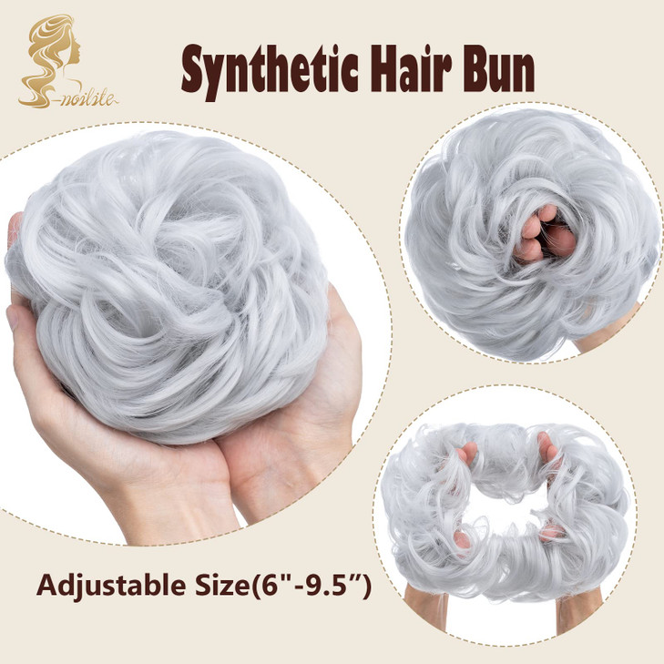 S-noilite 1PCS Messy Bun Hairpieces Curly Wavy Fake Hair Bun Scrunchies Updo Chignons Tousled Elegant Hair Bun Extension for Women Girls(#Silver Grey