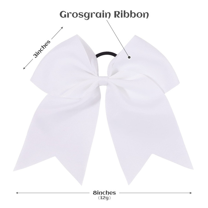 20 PCS 8 Inch Cheer Hair Bows Large Cheerleading Big Hair Bows with Ponytail Holder Hand-made Grosgrain Ribbon Hair Accessories for Teen Girls (White