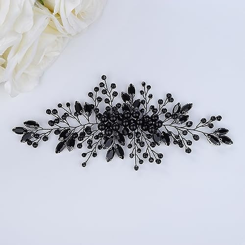 Teyglen Bridal Black Crystal Hair Vine Vintage Black Headpiece Flower Wedding Headband Handmade Black Rhinestone Pearl Hair Piece Floral Hair Accesso