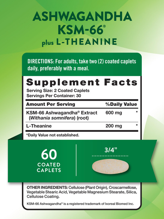 Nature's Truth KSM-66 Ashwagandha | 60 Caplets | with L-Theanine | Vegan, Non-GMO, & Gluten Free Supplement