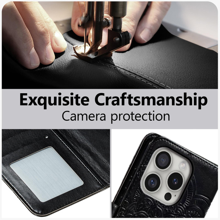 EYZUTAK Case for iPhone 16 Pro, Premium PU Leather Magnetic Closure Flip Wallet Phone Case with Card Holder Cash Slot Stand Function Embossed Mandala