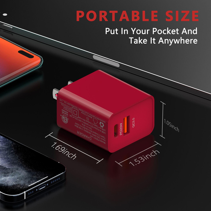 ROFICORD 20W USB Type C Super Fast Charger with USB3.0 Port, Power Delivery Red Wall Charger Compatible with Phone 16/Phone 15/15 Plus/15 Pro Max/S24