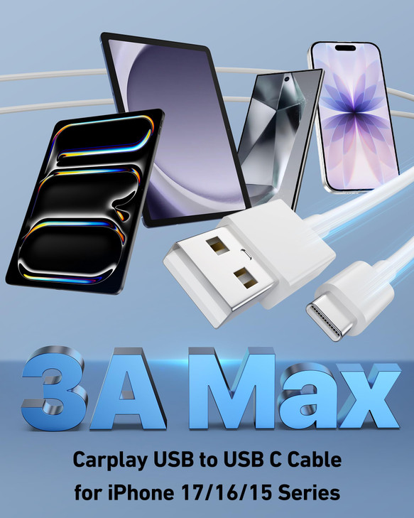 USB to USB C Cable, 3-Pack Car Carplay Cable USB A to Type C Charger Cord Fast Charging for iPhone 16/16e/16 Pro Max/15 Pro Max/Plus, iPad Pro 13/12.