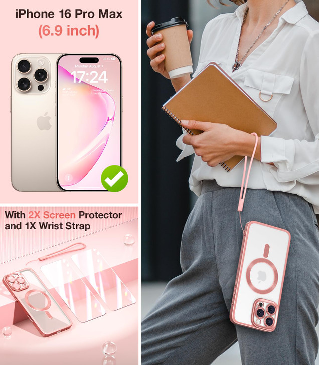 Meifigno Candy Frosted Magnetic Case for iPhone 16 Pro Max 6.9", [2X Screen Protectors & Wrist Strap] [MagSafe Compatible] Full Camera Protection for