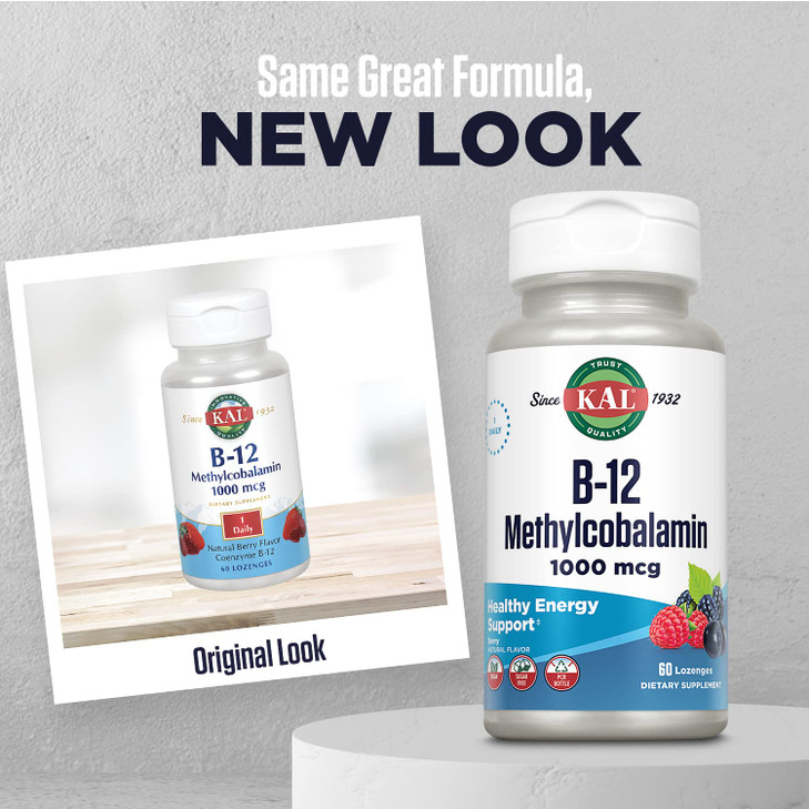 KAL Vitamin B-12 Methylcobalamin Lozenges 1000mcg, Healthy Energy, Metabolism, Nerve & Red Blood Cell Support,* Optimal Absorption, Natural Berry Fla