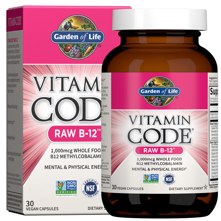 Garden of Life Vitamin Code Raw B-12 - 30 Capsules, 1,000mcg Whole Food B12 Methylcobalamin for Energy, Vegan Methylcobalamin Vitamin plus Probiotics