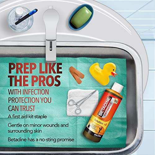 Betadine Antiseptic First Aid Solution, Povidone-Iodine 10%, Infection Protection, Kills Germs in Minor Cuts Scrapes and Burns, No Sting Promise, No