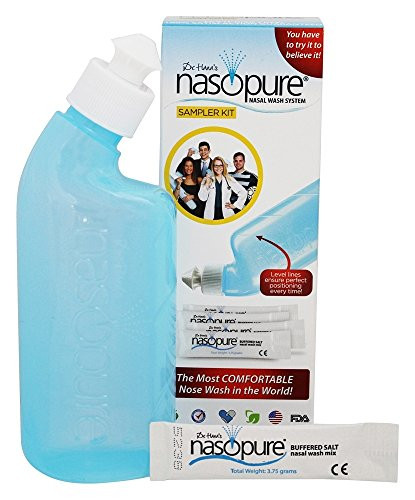 Nasopure Nasal Wash, Sampler Kit, The Nicer Neti Pot Sinus Wash Kit, Comfortable Nasal Rinse 8 Oz Bottle & 4 Salt Packets (3.75 Grams Each), Nasal