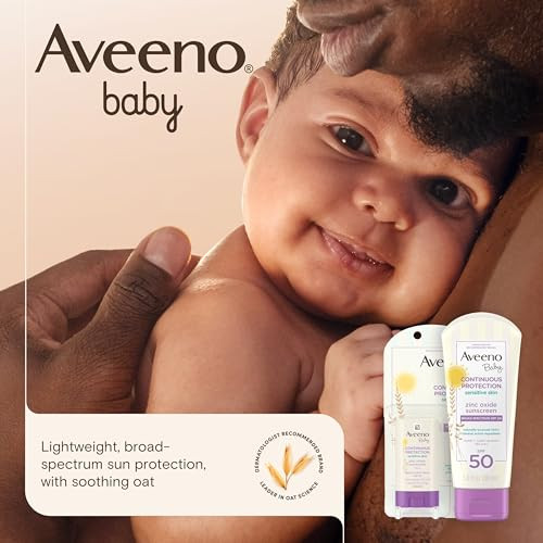 Aveeno Baby Continuous Protection Zinc Oxide Mineral Sunscreen Lotion for Sensitive Skin, Broad Spectrum SPF 50, Tear-Free, Sweat- & Water-Resistant,