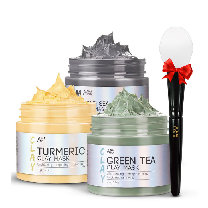 ANAI RUI 3 Pcs Face Mask Set - Turmeric Clay Mask - Green Tea Face Mask - Dead Sea Mud Mask for Oily Skin, Blackheads & Pores -Spa Gift Set Self Care
