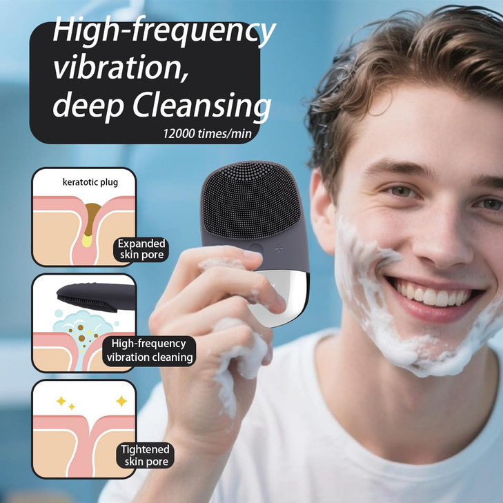 Facial Cleansing Brush, 3-in-1 Electric Silicone Face Scrubber, Vibrating Massager, IPX7 Waterproof, USB Rechargeble Pore Brush for Deep Cleanning, B