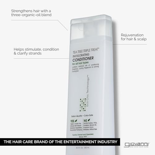 GIOVANNI Tea Tree Triple Treat Invigorating Conditioner - Cooling Peppermint, Eucalyptus, Rosemary, Helps Dry Flaking Scalp, Paraben Free, Helps to M