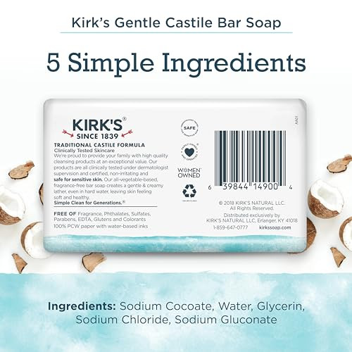 Castile Bar Soap by Kirkâs | Clean Soap for Men, Women & Children | Premium Coconut Oil | Sensitive Skin Formula, Vegan | Fragrance-Free/Unscented