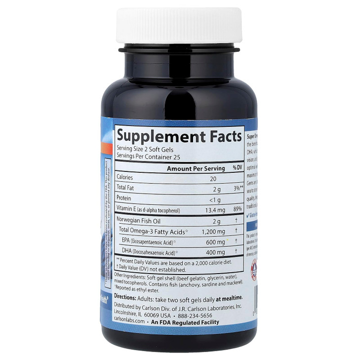 Carlson - Super Omega-3 Gems, 1200 mg Omega-3s, Wild Caught, Sustainably Sourced, 50 soft gels