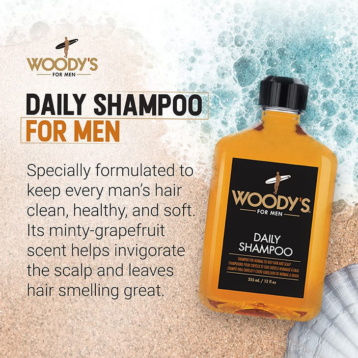 Woody's Men's Daily Shampoo - Nourishing Cleanser with Vitamin B5, Aloe Vera & Ginger, for All Hair Types, 12 Fl Oz