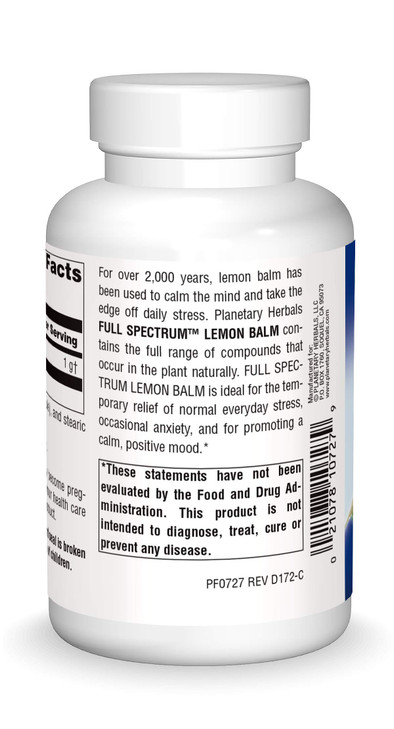 Planetary Herbals Lemon Balm Full Spectrum 500mg, Natural Calm and Rest, 120 Capsules