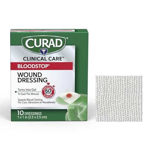 CURAD BloodStop® Wound Dressing | 1 x 1 | Hemostatic Gauze Helps Stop Bleeding Quickly | For Cuts, Abrasions or Nosebleeds | 10 Count