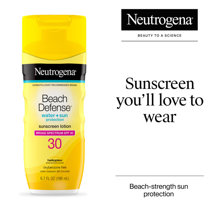 Neutrogena Sunscreen Lotion Beach Defense SPF 30, Face and Body Sunscreen, Hawaii Reef Act 104 Compliant, Octinoxate & Oxybenzone Free, Oil Free, Fas