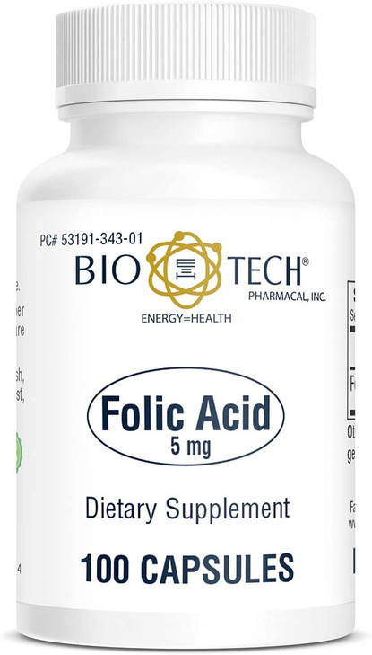 Bio-Tech Pharmacal Folic Acid (5 mg), 100 Capsules  All-Natural Supplement  Supports Cardiovascular, Nervous System, & Prenatal Health  No Dairy,