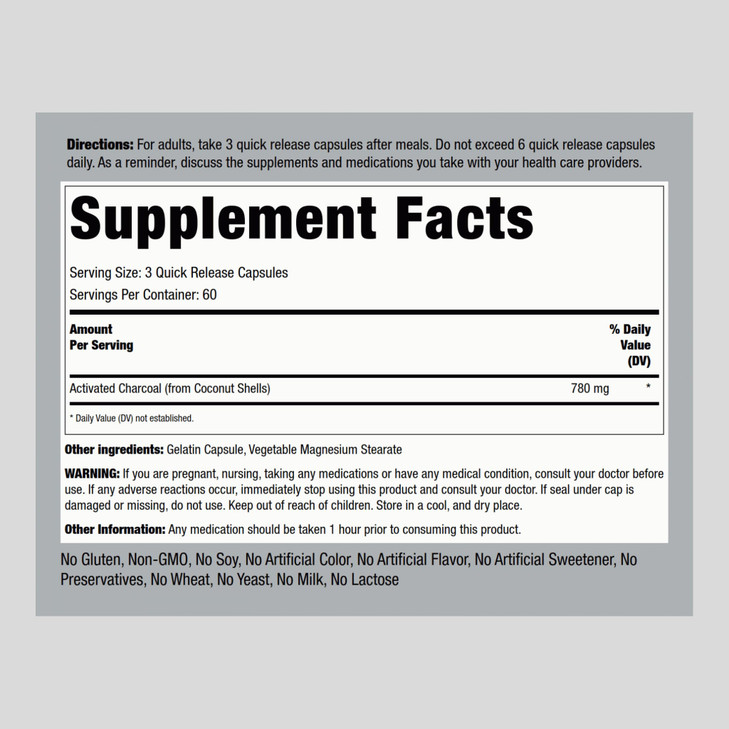 Piping Rock Activated Charcoal Pills | 780 mg | 180 Capsules | Supplement from Coconut Shells | Non-GMO, Gluten Free