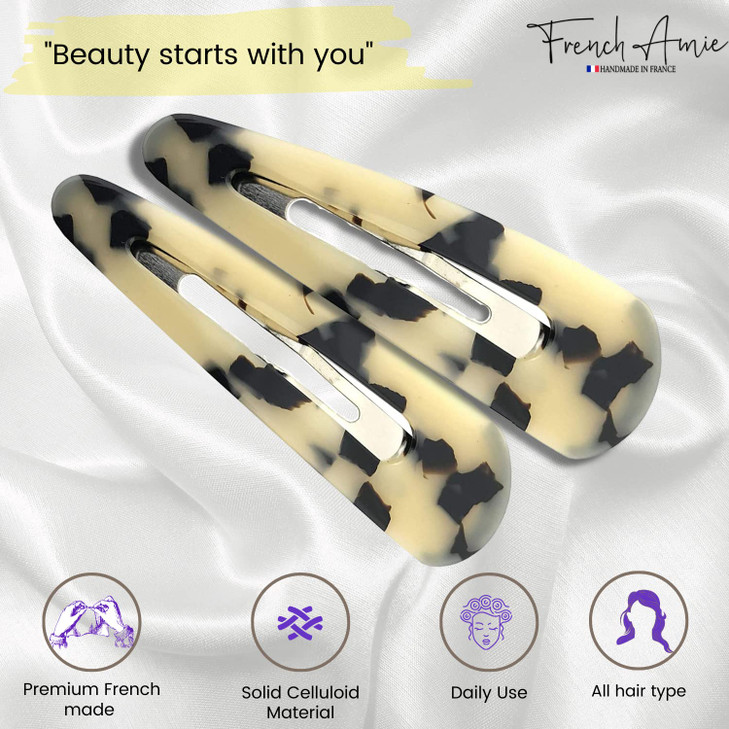 French Amie Clic Clac Large Handmade Celluloid Acetate Set of 2 Snap Hair Clips No Slip Side Slide-in Barrette for Women and Girls (White Tokyo)