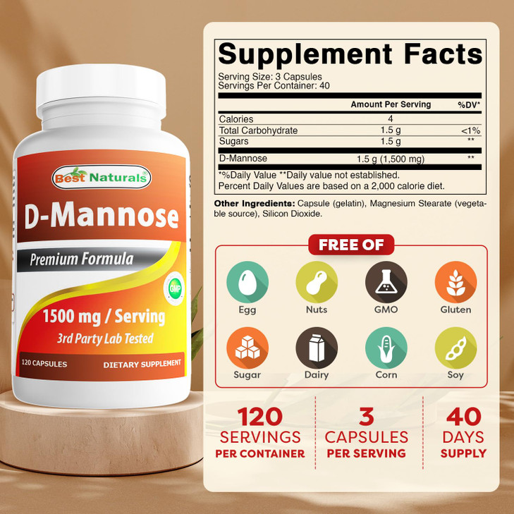 Best Naturals D-Mannose Capsules - Urinary Tract Cleanse Supplement 1500mg/Serving - 120 Count