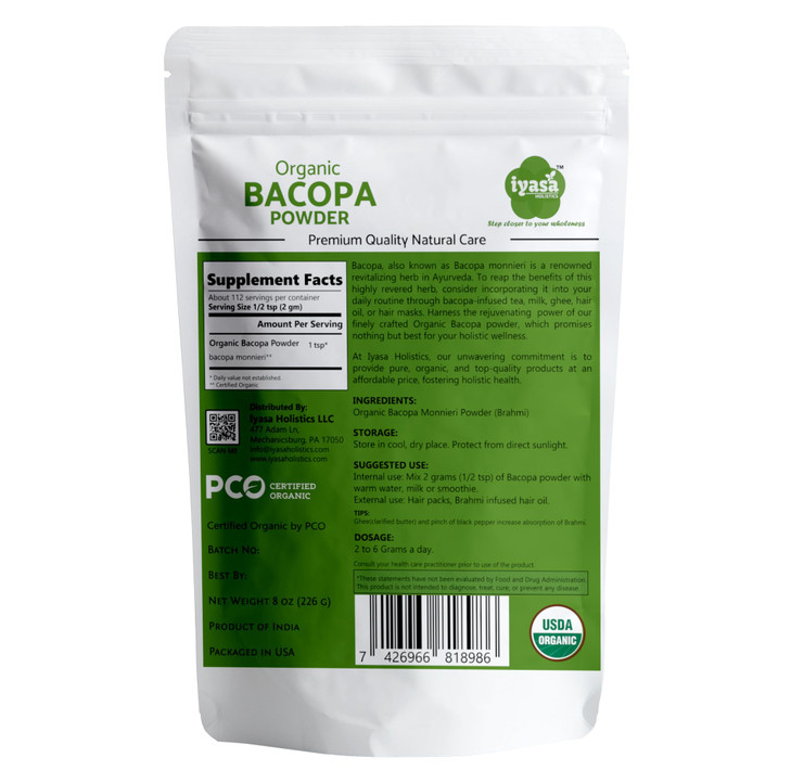 Organic Bacopa Powder (Brahmi Leaf), Certified organic Ayurveda Superfood, Hair and brain tonic, Resealable Pouch of 8 oz