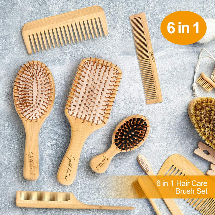 BestFire 6 in 1 Hair Brush Set for Men & Women: Bamboo Bristle Hairbrush, Tail Comb, Double Head Comb, 3 Air Cushion Massage Brushes for Scalp Massag