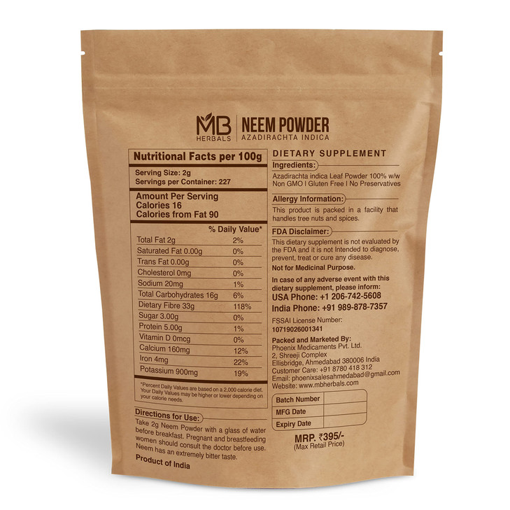 MB Herbals Pure Neem Powder 1 Pound | 16 Oz | 454 Gram | Wild Crafted Neem Leaf Powder | Very Bitter | Supplement for Skin and Hair Care | Azadiracht
