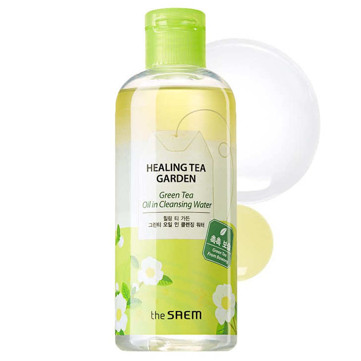 THESAEM Healing Tea Garden Green Tea Oil In Cleansing Water - Green Tea Oil Water Makeup Cleanser, One Step Face, Eye and Lip Makeup Removal, Hydrati