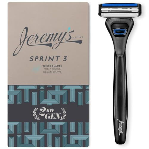 Jeremy's Razors for Men: Sprint 3 Blade Razor - Stainless Blades, Lubricating Strip, Precision Trimmer - Men's Shaving Essentials Kit, Travel Shaver
