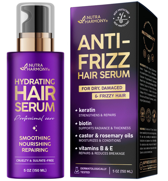 Hydrating Hair Serum for Dry & Frizzy Hair  Anti-Frizz Keratin Hair Treatment with Biotin, Castor & Rosemary Oils for Smoothing & Shine, Leave-In Se