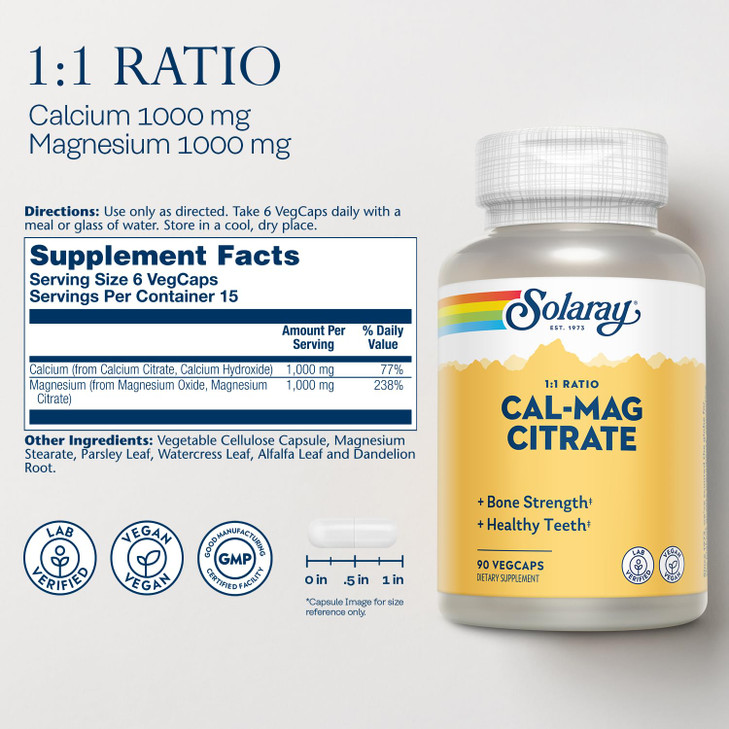 Solaray Calcium Magnesium Citrate 1000mg 1:1 Ratio, Bone Strength Supplement, Muscle, Nervous System and Bone Health Support, Chelated for High Absor