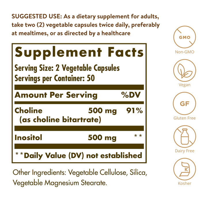 Solgar Choline/Inositol 500 mg/500 mg, 100 Vegetable Capsules - Energy Metabolism, Liver Health, Essential for Brain & Nerve Function - Non-GMO, Vega