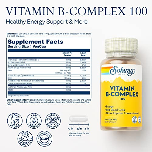 Solaray Vitamin B Complex 100 mg - Complete B Complex Vitamins for Women & Men with Folic Acid, B6, B12, Biotin & More, Energy Supplement, Nerve Supp