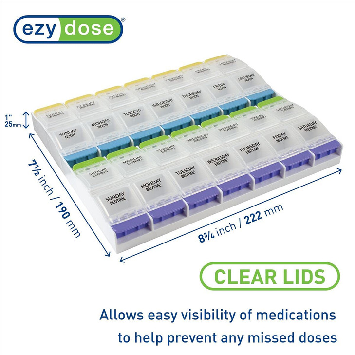 EZY DOSE Weekly (7-Day) Pill Organizer, Vitamin Container, and Daily Medicine Planner, 2X-Large Push Button Compartments, Arthritis Friendly, Easy to