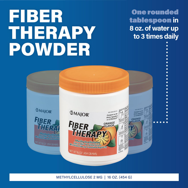 MAJOR Fiber Therapy Methylcellulose Powder - Easy to Mix - No Gritty Texture - Soluble Fiber - Helps Control Regularity - Orange Flavor - 16 Oz (1 Pa