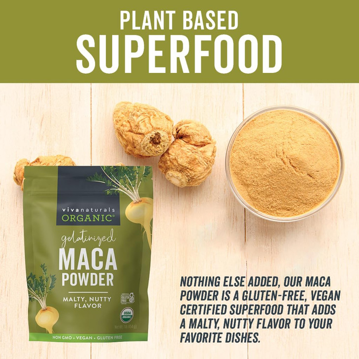 Viva Naturals Organic Maca Powder, Gelatinized, 16 oz (1 lb)  Vegan, USDA Organic, Gluten-Free, Non-GMO Peruvian Superfood in Resealable Bag