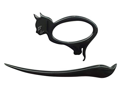 Marycrafts Buffalo Horn Cat Kitten Shawl Pin, Hair Pin Accessory Handmade (Black)