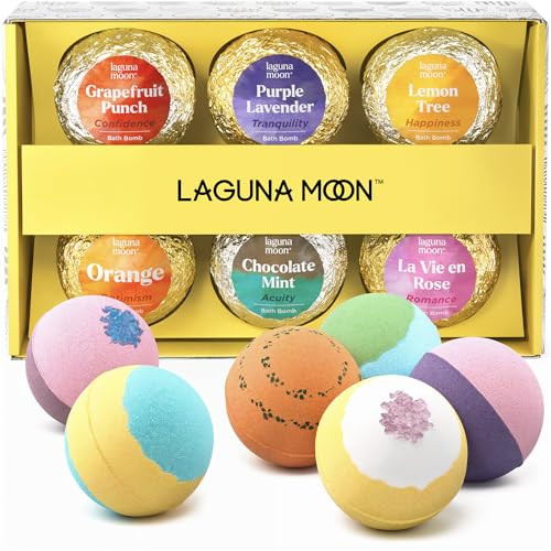 Lagunamoon Bath Bombs Gift Set, 6 Piece XXL Handmade Fizzy Shower Bombs with Essential Oils, Coconut Oil to Moisturize Dry Skin - Relaxing Spa Day fo