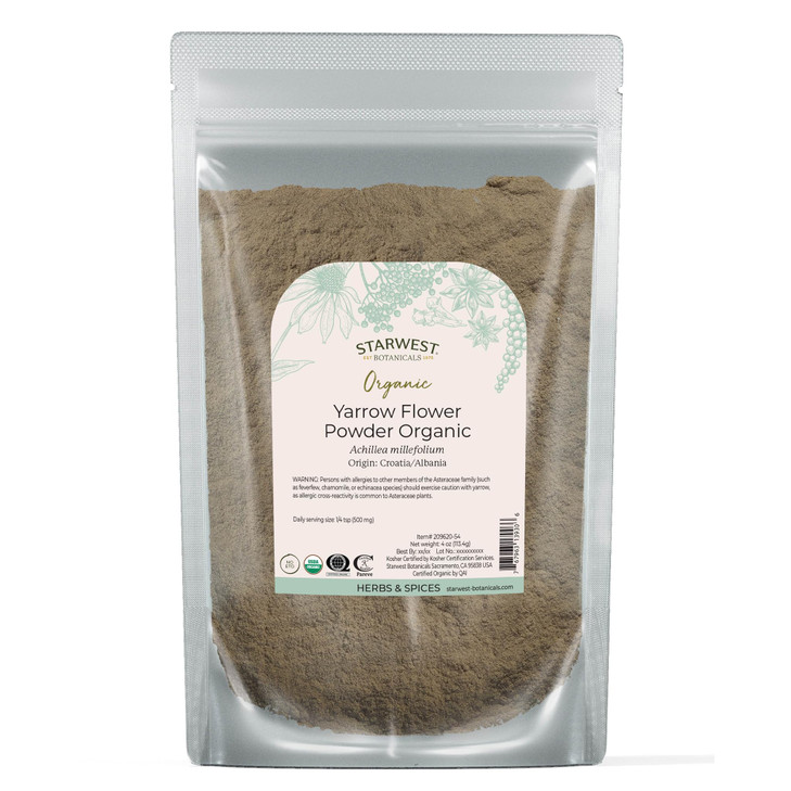 Starwest Botanicals Organic Yarrow Flower Powder - Dried Herb for Tea, Tinctures, & Natural Wellness, Certified Kosher, Non-GMO - 4 oz Pouch