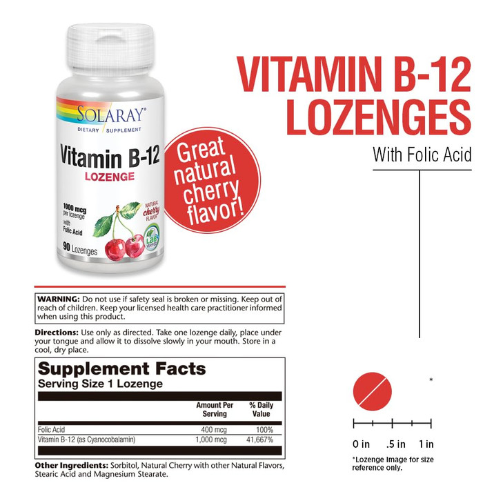 SOLARAY Vitamin B-12 1000mcg Lozenges with Folic Acid | Natural Cherry Flavor | Healthy Energy Support | 90CT